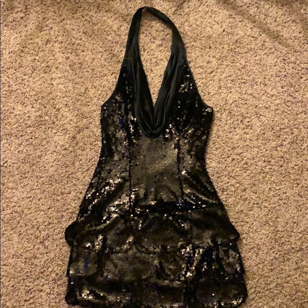 Bebe Sequence Tulip Halter Dress